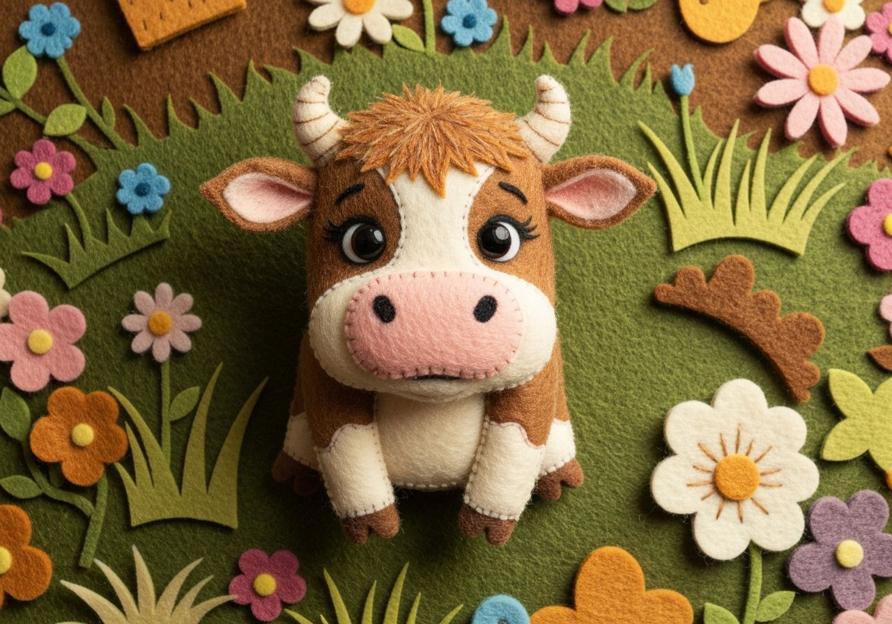 Adorable Felt Cow in Chibi Style Landscape