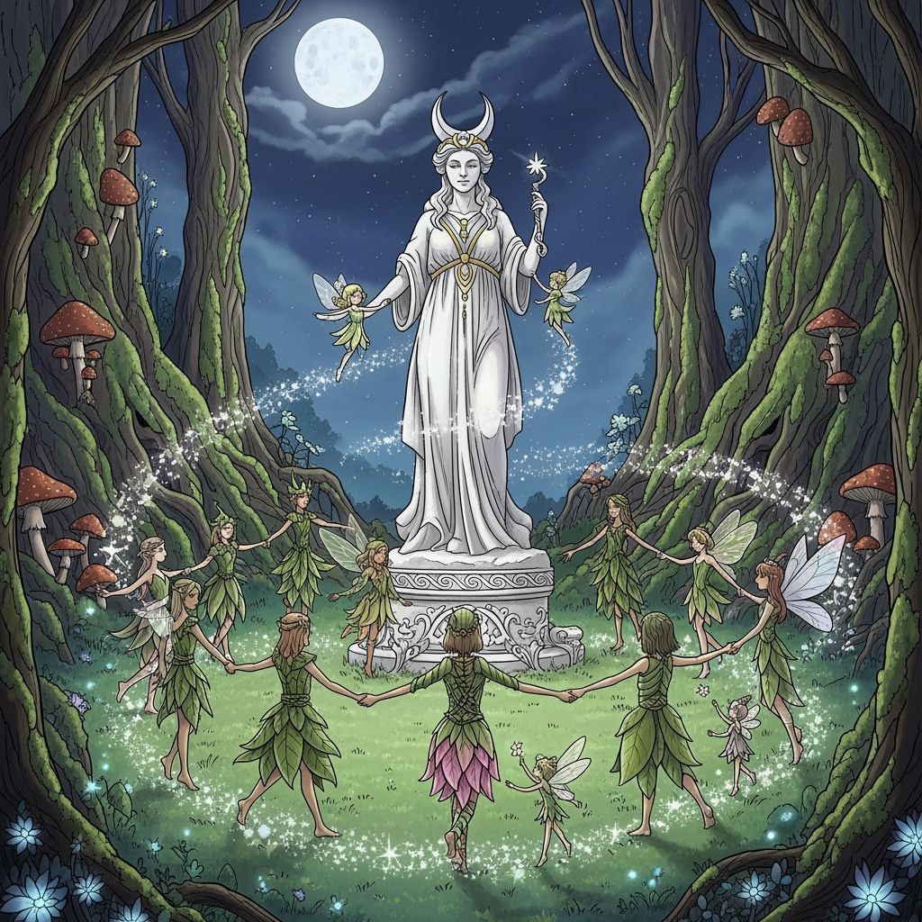 Fairies Dance Around Moon Goddess Statue in Enchanted Forest