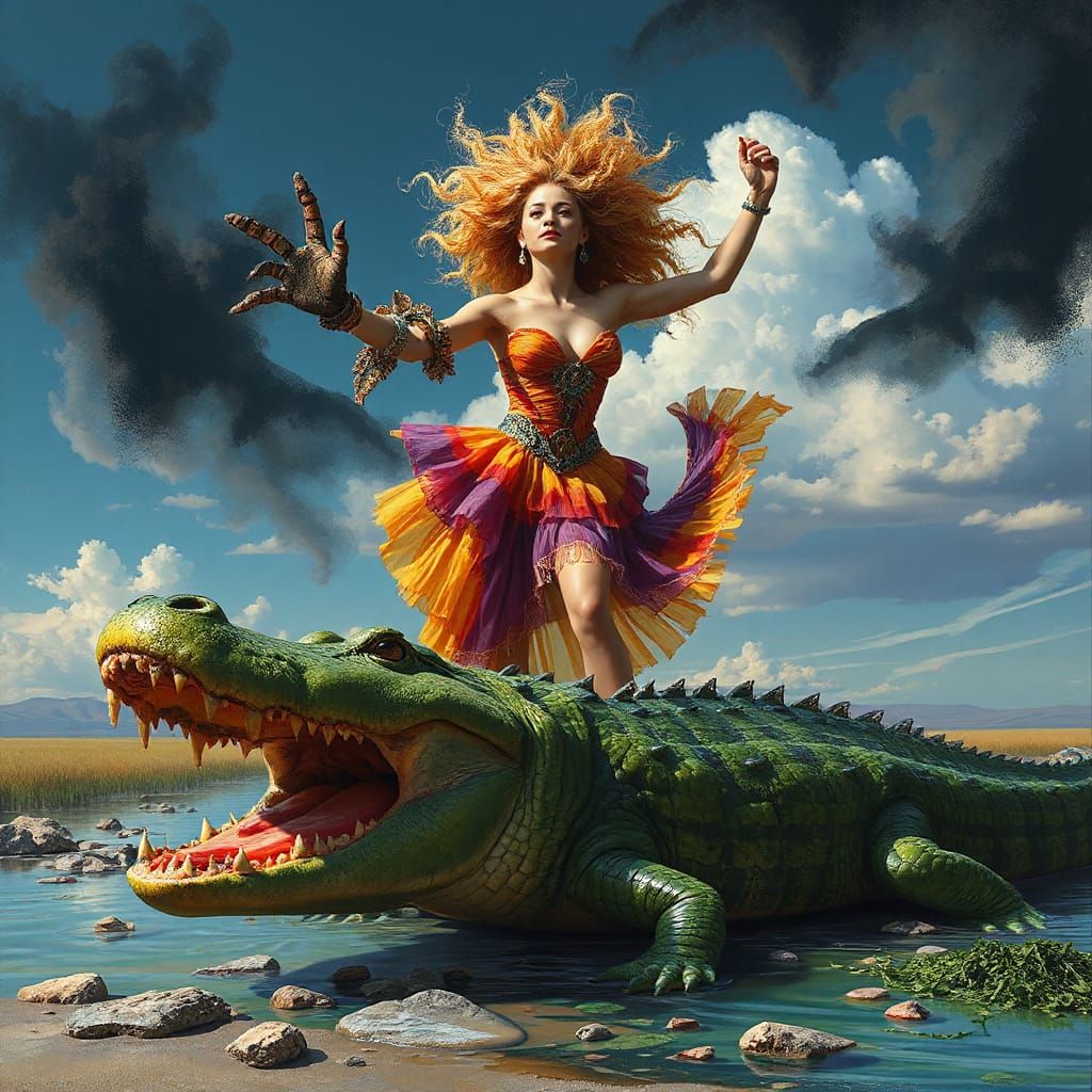 Whimsical Woman Conquers Alligator in Surreal Digital Art
