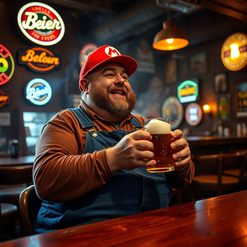 Man in Mario Hat at Bar, Cinematic Lighting