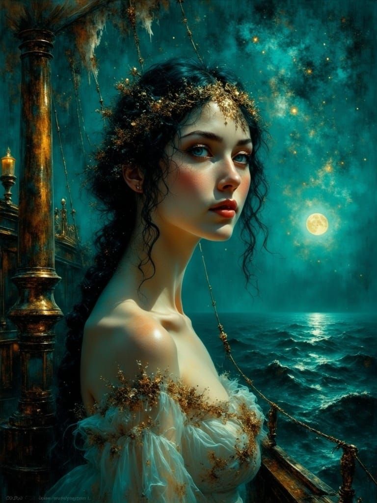 Ethereal European Woman on a Turquoise Ship in the Starry Ni...