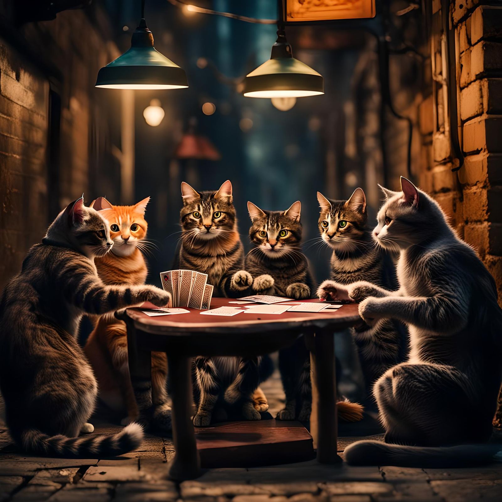 Cats Playing Cards in Dark Alley: Fantastical Photography