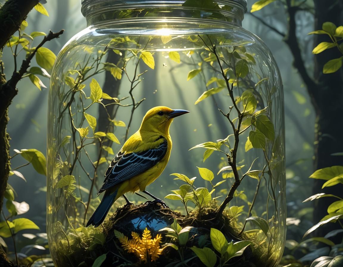 Eurasian Golden Oriole in a Jar: Black Light Art