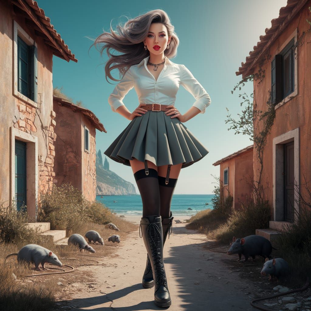 Latina Goddess in Cyberpunk Style Coastal Village