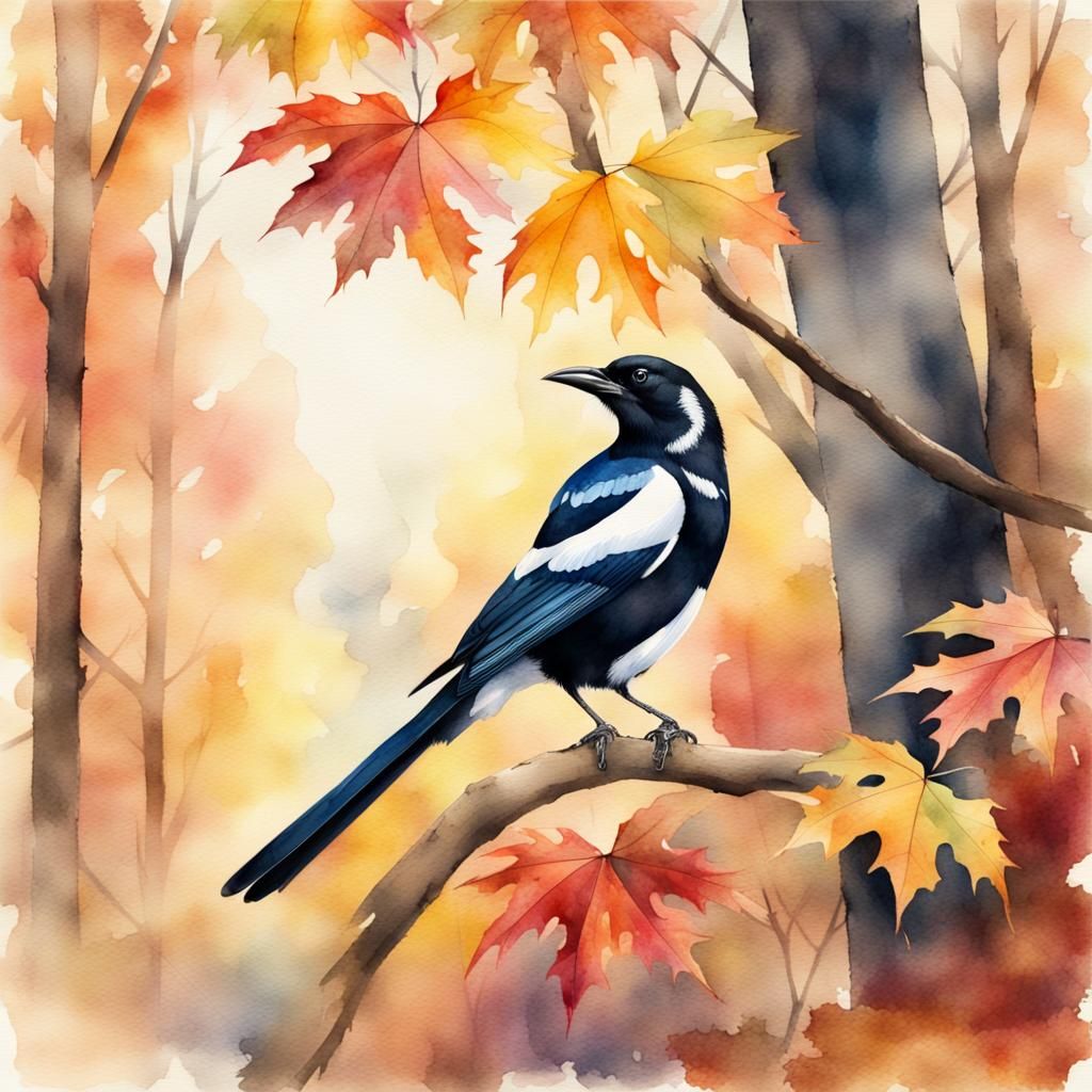 Watercolor Magpie Portrait in Autumn Forest