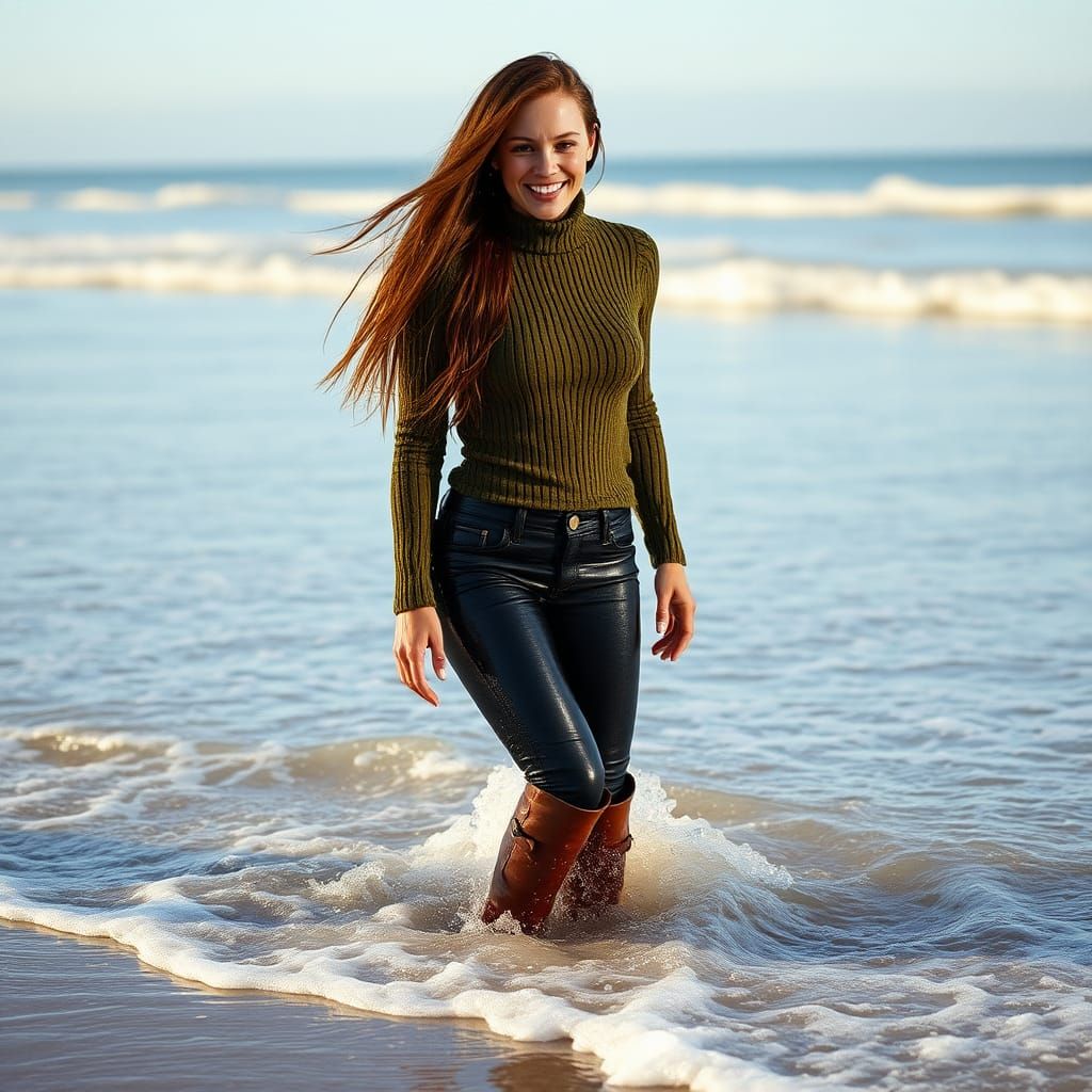 Sun-Kissed Woman Wades into Surf on Autumn Morning