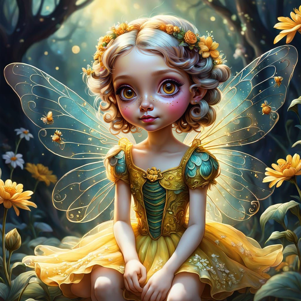 Whimsical Bee Fairy with Floral Motifs and Iridescent Wings