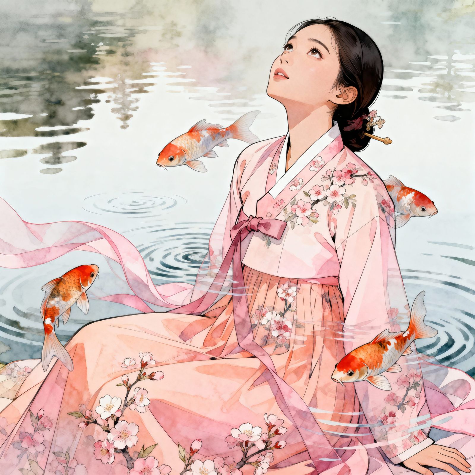 Woman in Hwarot in Koi Pond - Manhwa Illustration