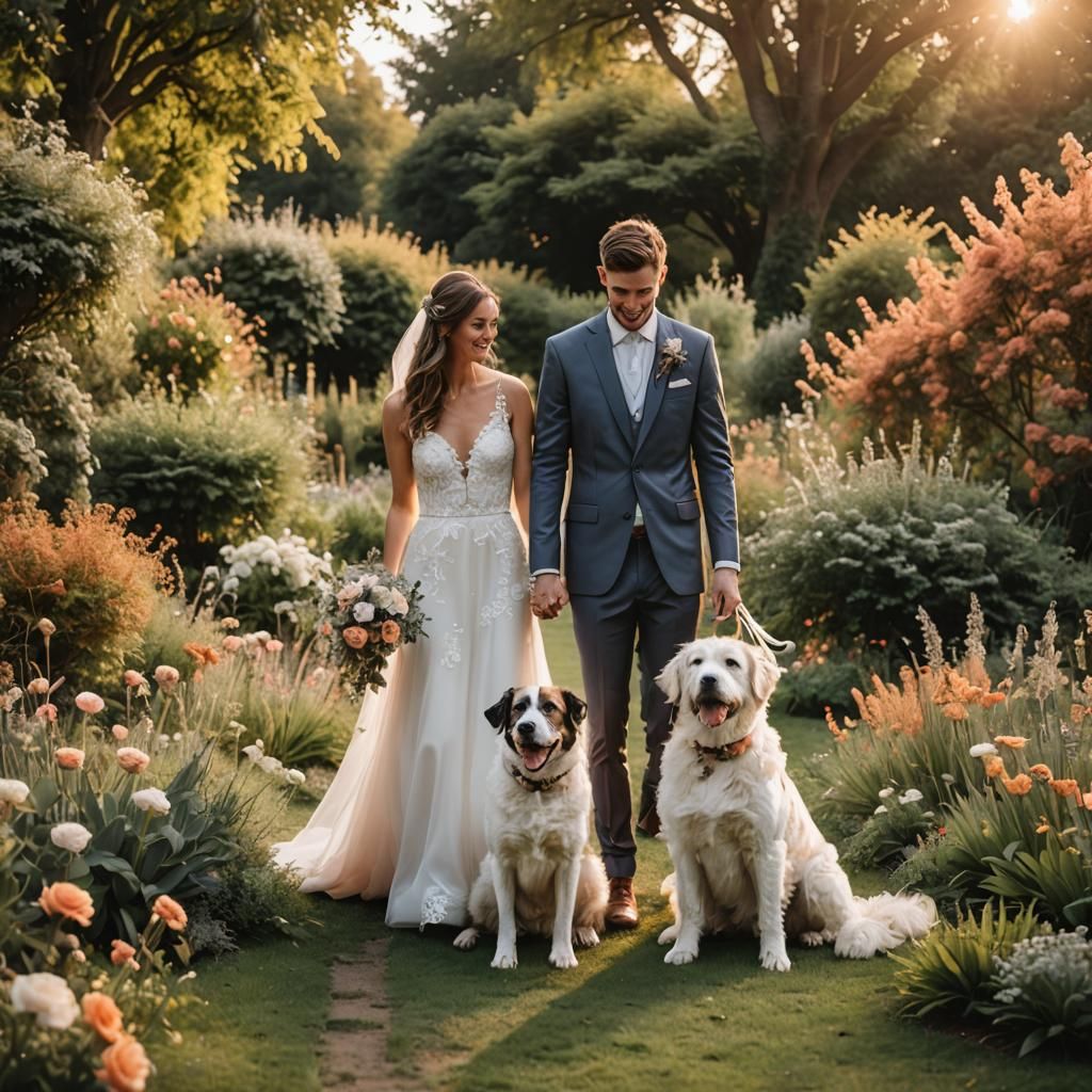 bridal couple in sunset garden with dog