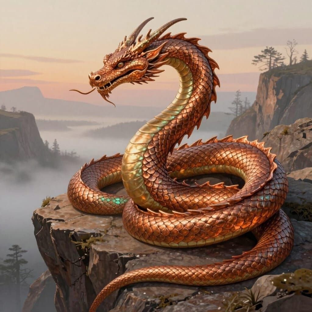 Serpentine Copper Dragon with Orange and Green Scales