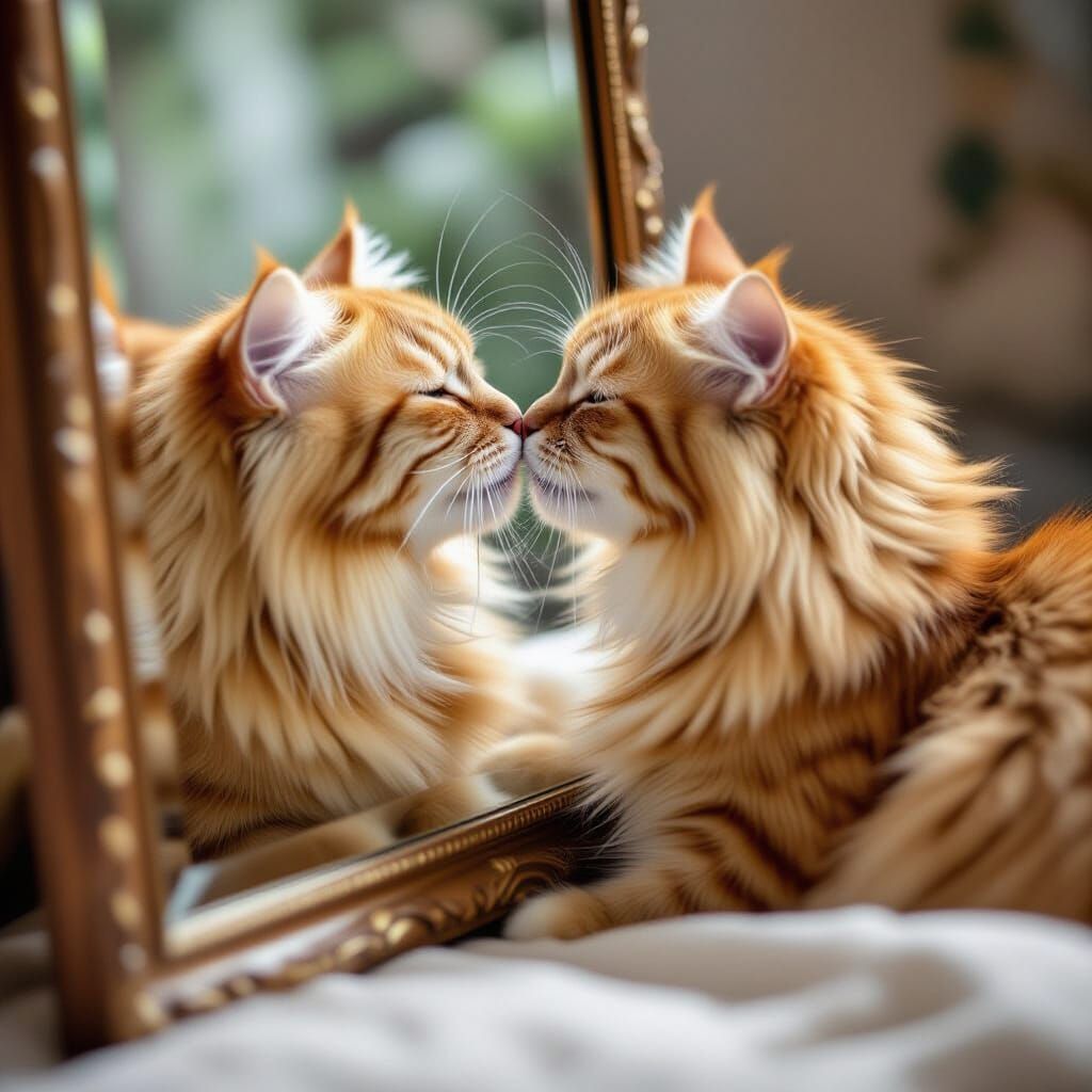 Fluffy Ginger Cat Kisses Reflection in Mirror