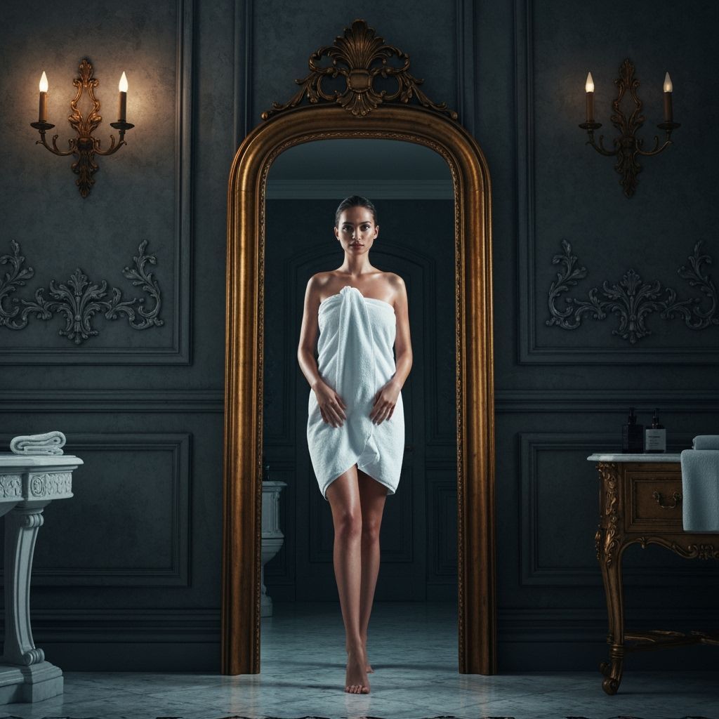 Woman in Opulent Bathroom Before Ornate Gold Mirror