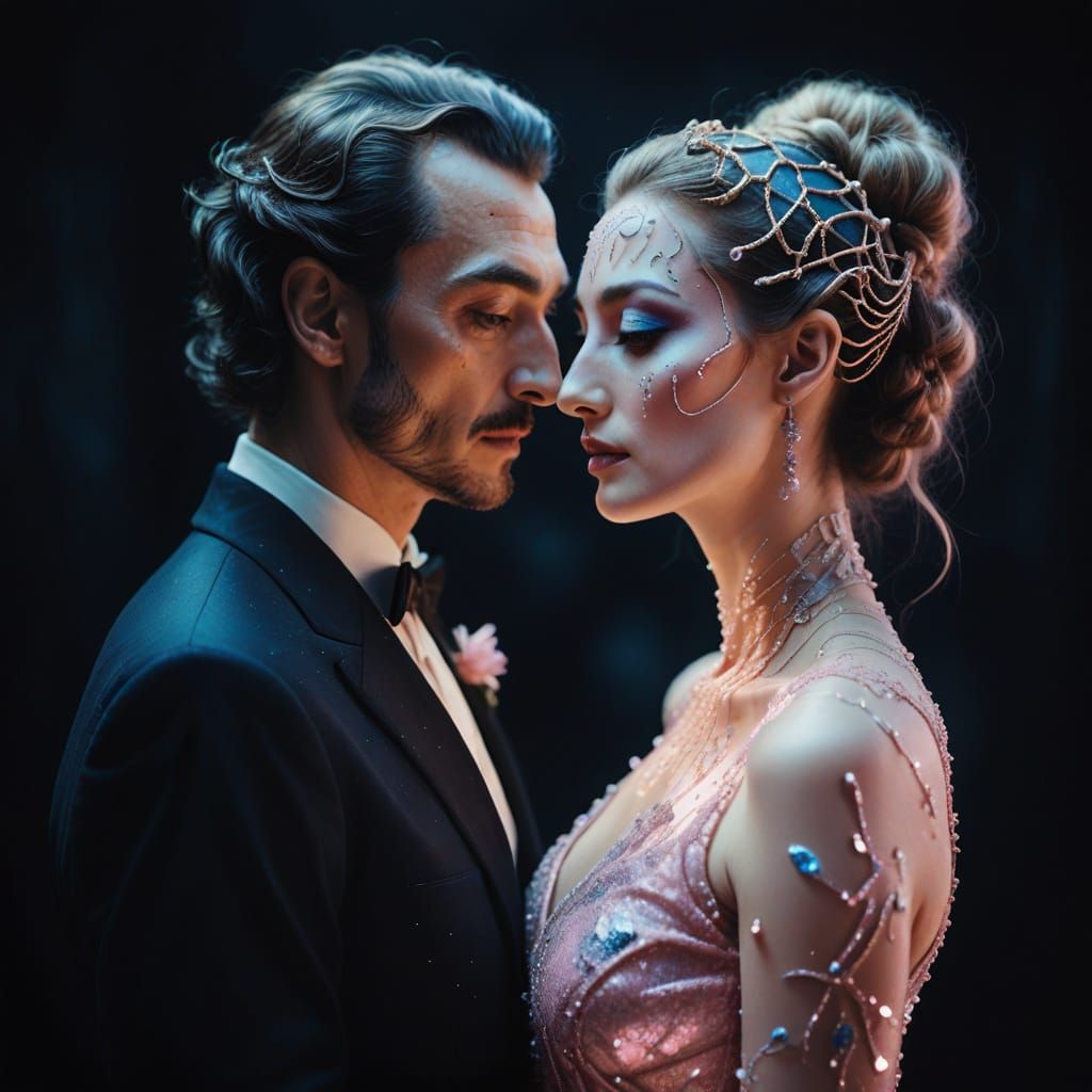 Romantic Surrealism: Man and Woman in Dreamy Embrace