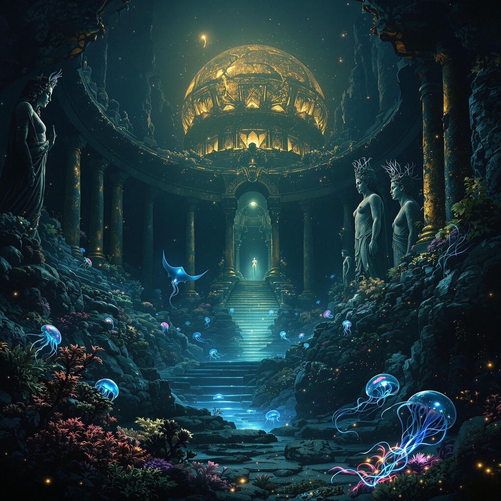Surreal Oceanic Landscape of Atlantis in a Dark, Ethereal Ae...