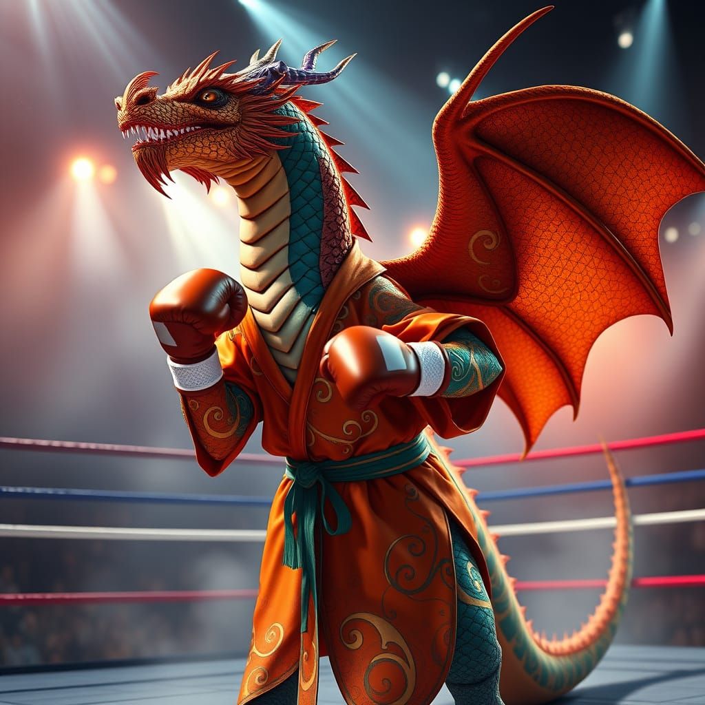 Dragon Boxer in Vibrant Orange and Teal Art Nouveau Style