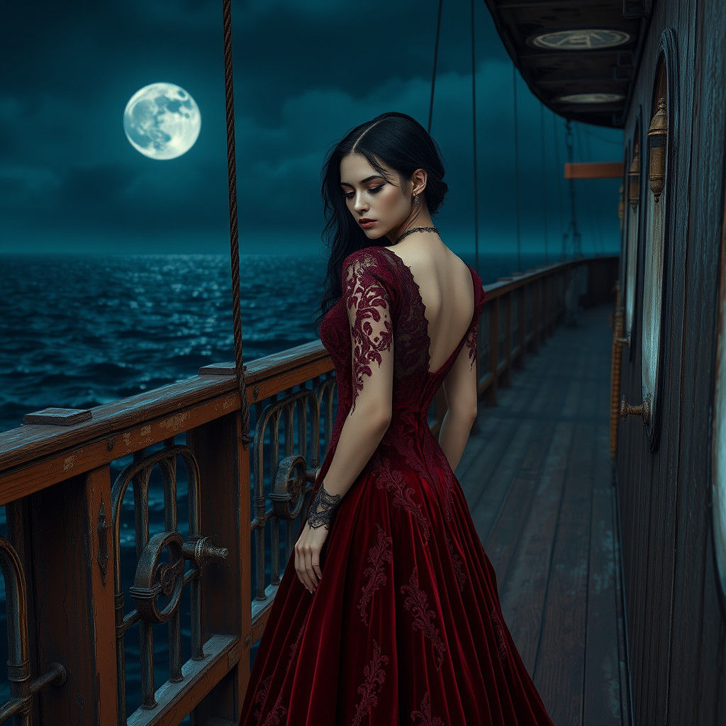 Gothic Brunette on the Titanic Deck