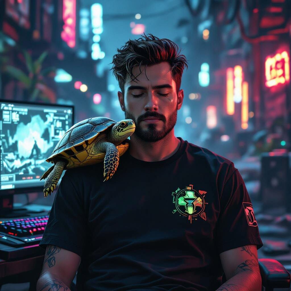 Gamer with Turtle on Chest, Borderlands Background, 4K