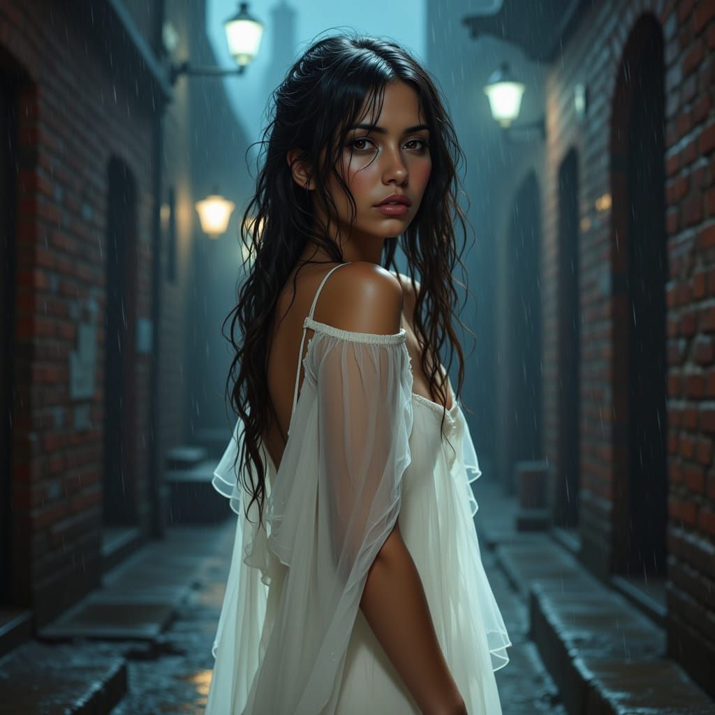 Moonlit Woman in Rainy Alley, Art Nouveau Style