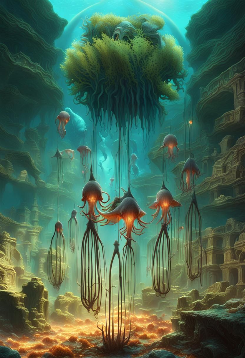 Giant Squid Battle in Bioluminescent Underwater Ruins