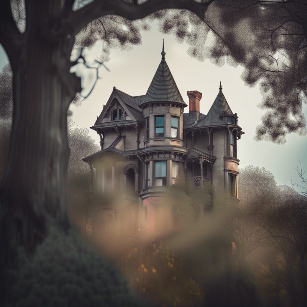 Victorian Mansion with Ghost in Tower Window