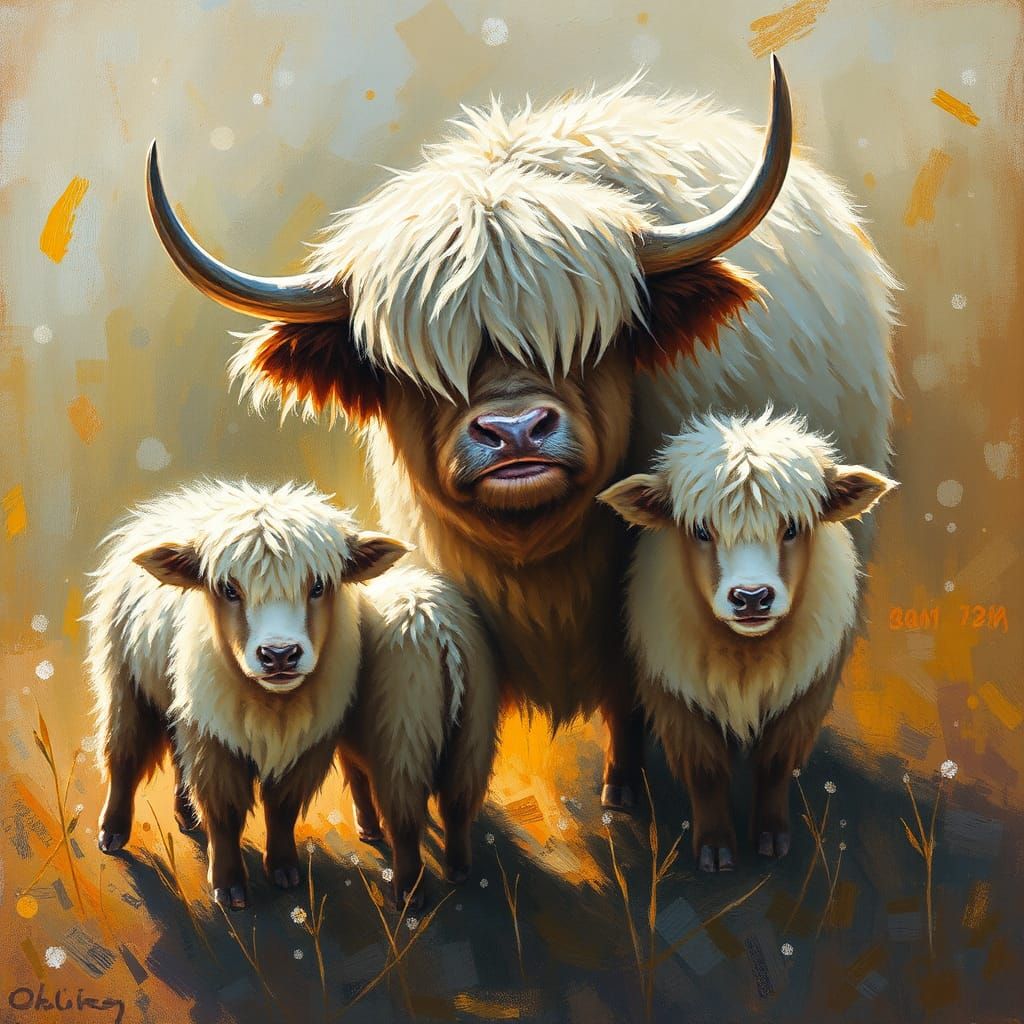 Expressionist Oil Painting of a Fluffy Yak Family