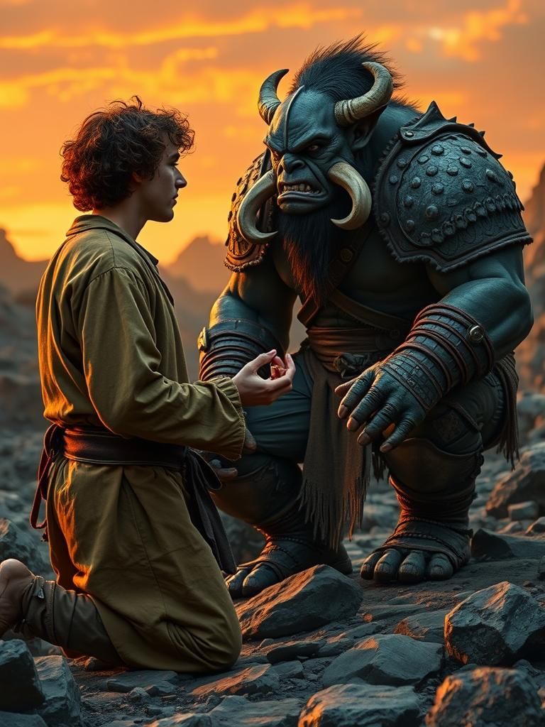 Hobbit Proposes to Orc in Rugged Sunset Scene