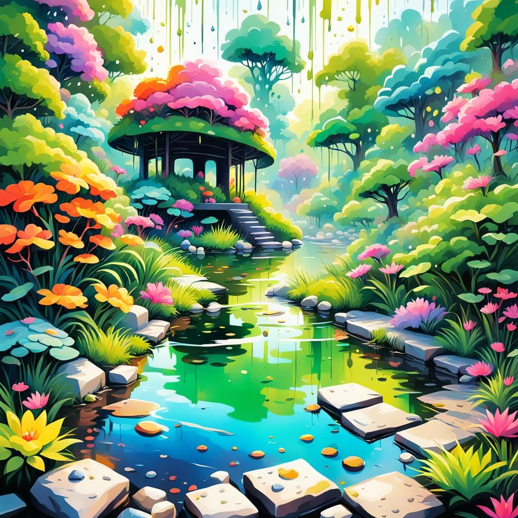Colorful Raining Garden in Graffiti Art Style