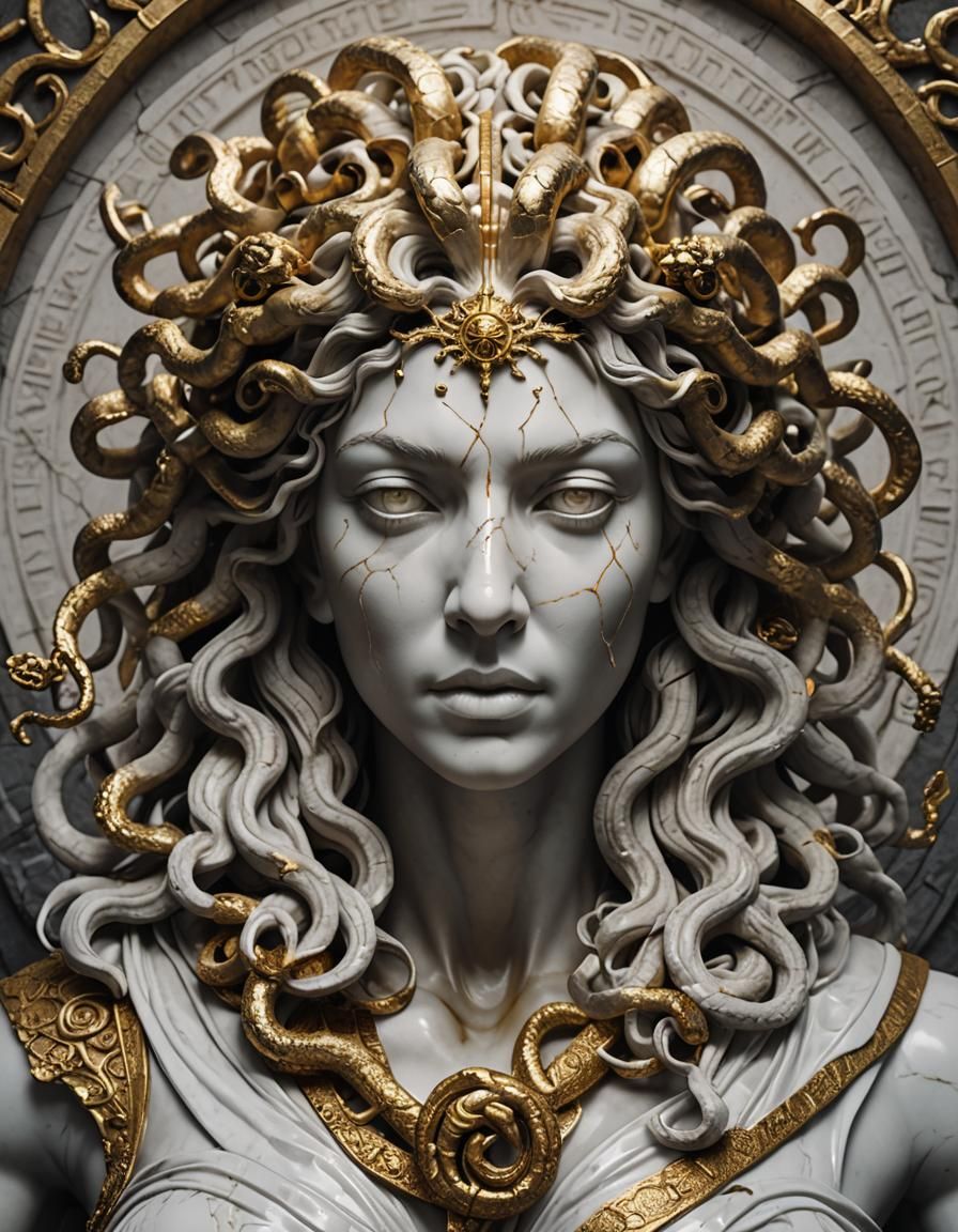 Grimdark 3D Medusa Statue in Cracked Marble
