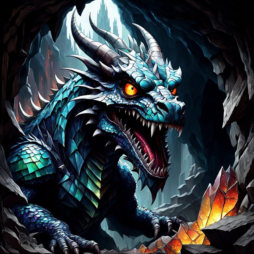 Gothic Stained Glass Dragon Emerge from Dark Cave