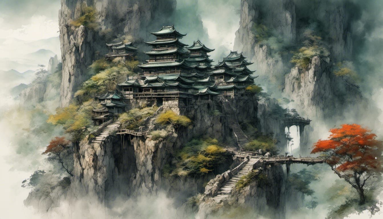 Japanese Stone Fortress on Rocky Cliff in Fog