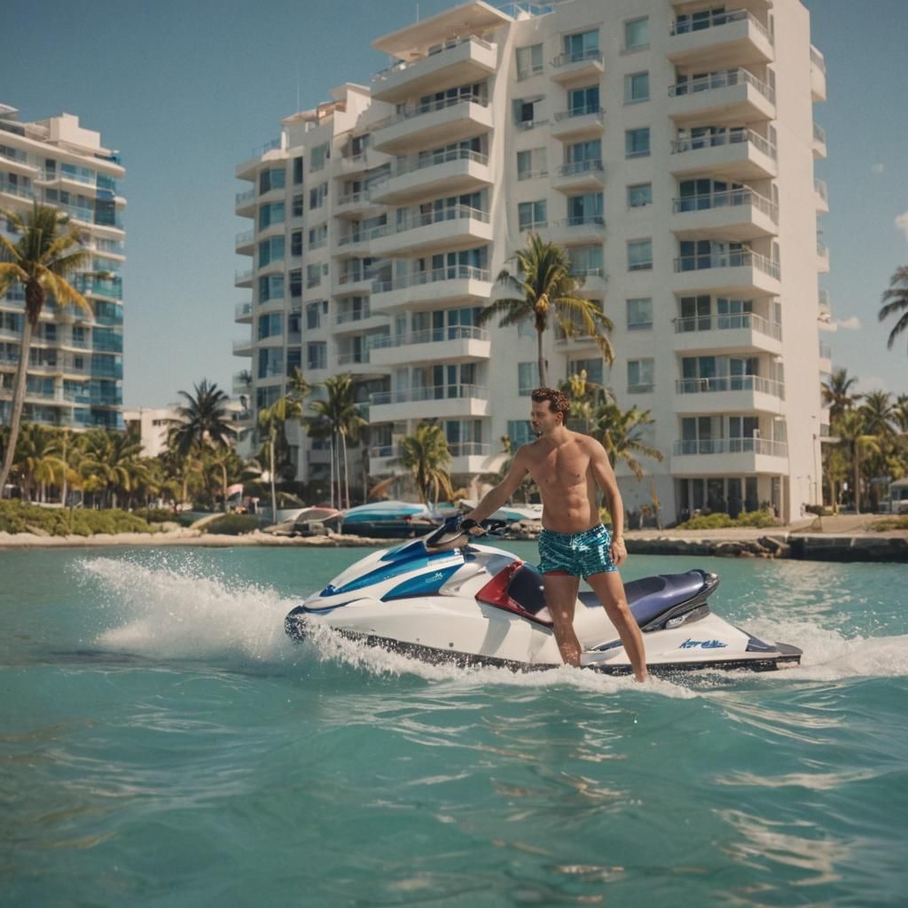Adventurous Man on Jet Ski in Coastal Scene