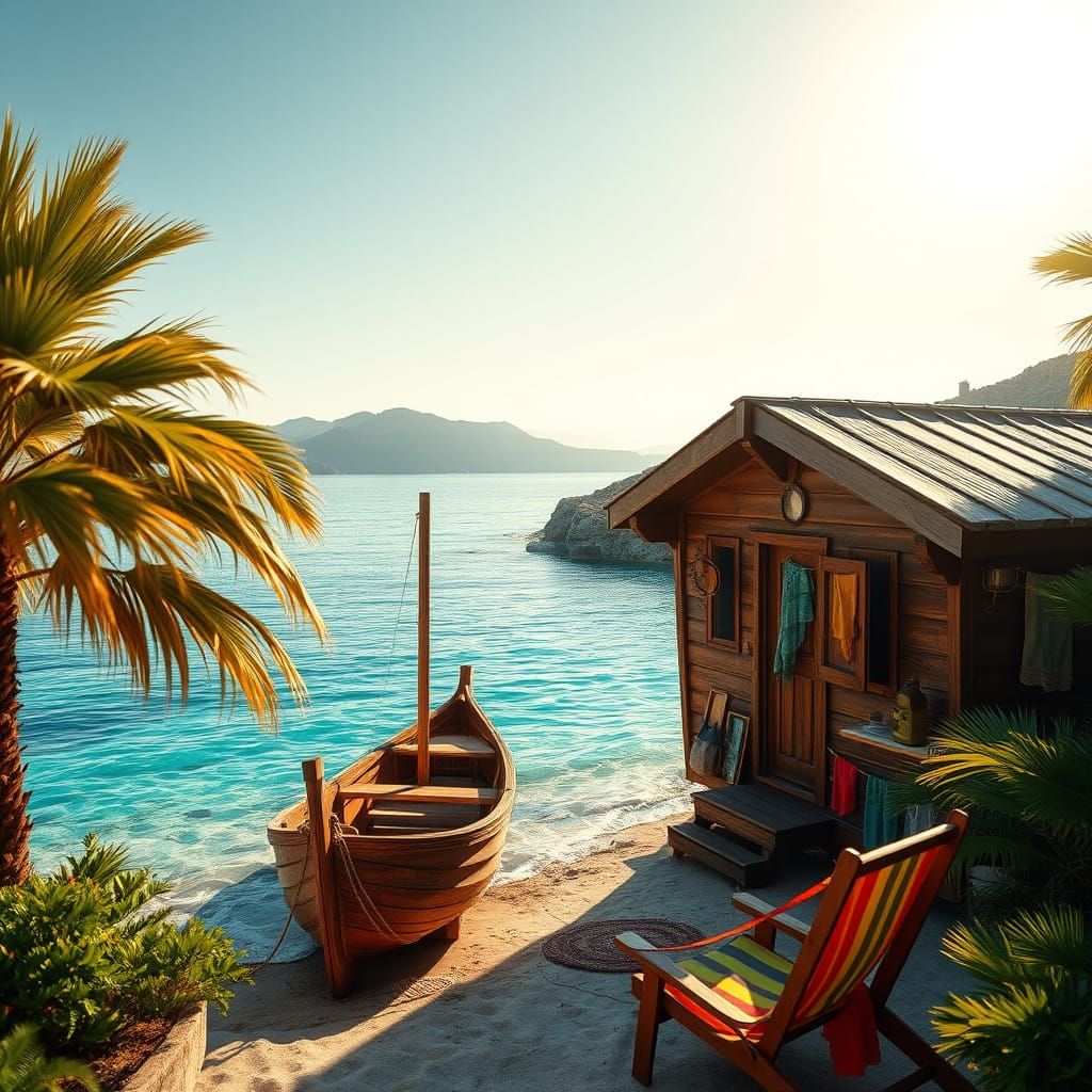 Ethereal Beach Oasis with Caravan and Vintage Boat