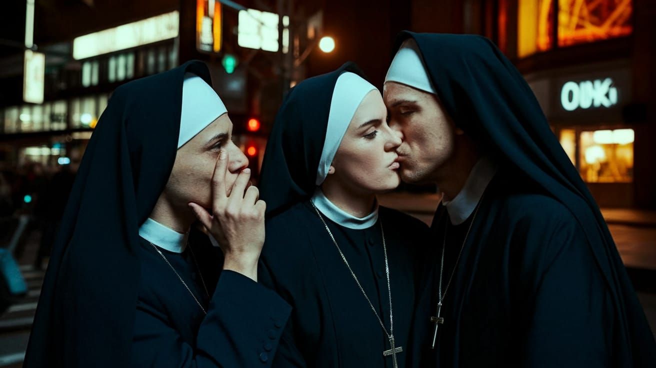Mafiosi and Nuns Kissing in Hyperrealistic Urban Scene