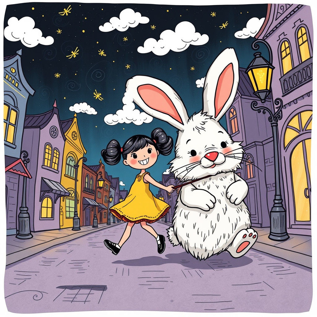 Girl and Giant Bunny in Doodle Style