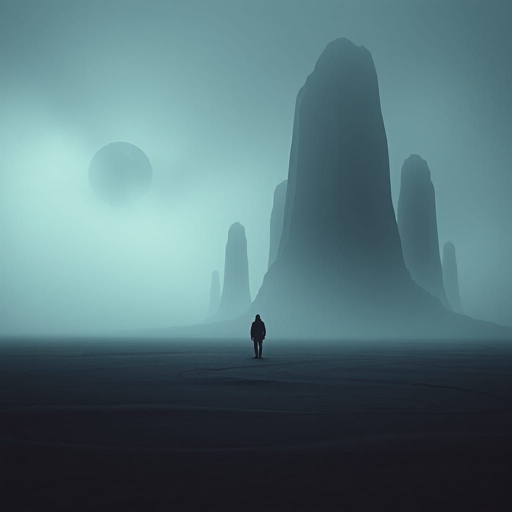 A Lonely Figure in a Haunting, Desolate Landscape