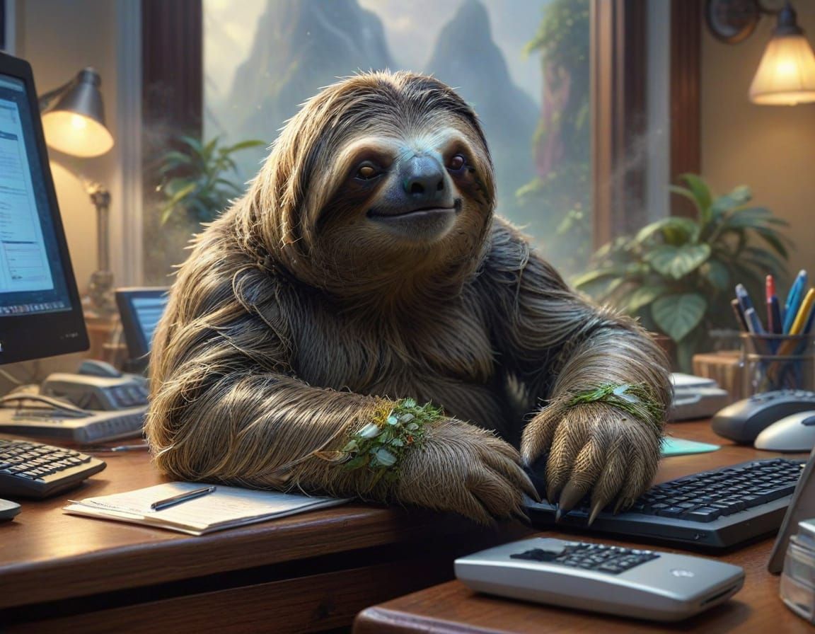 Three-Toed Sloth Sleeps on Office Desk in Ethereal Fantasy S...
