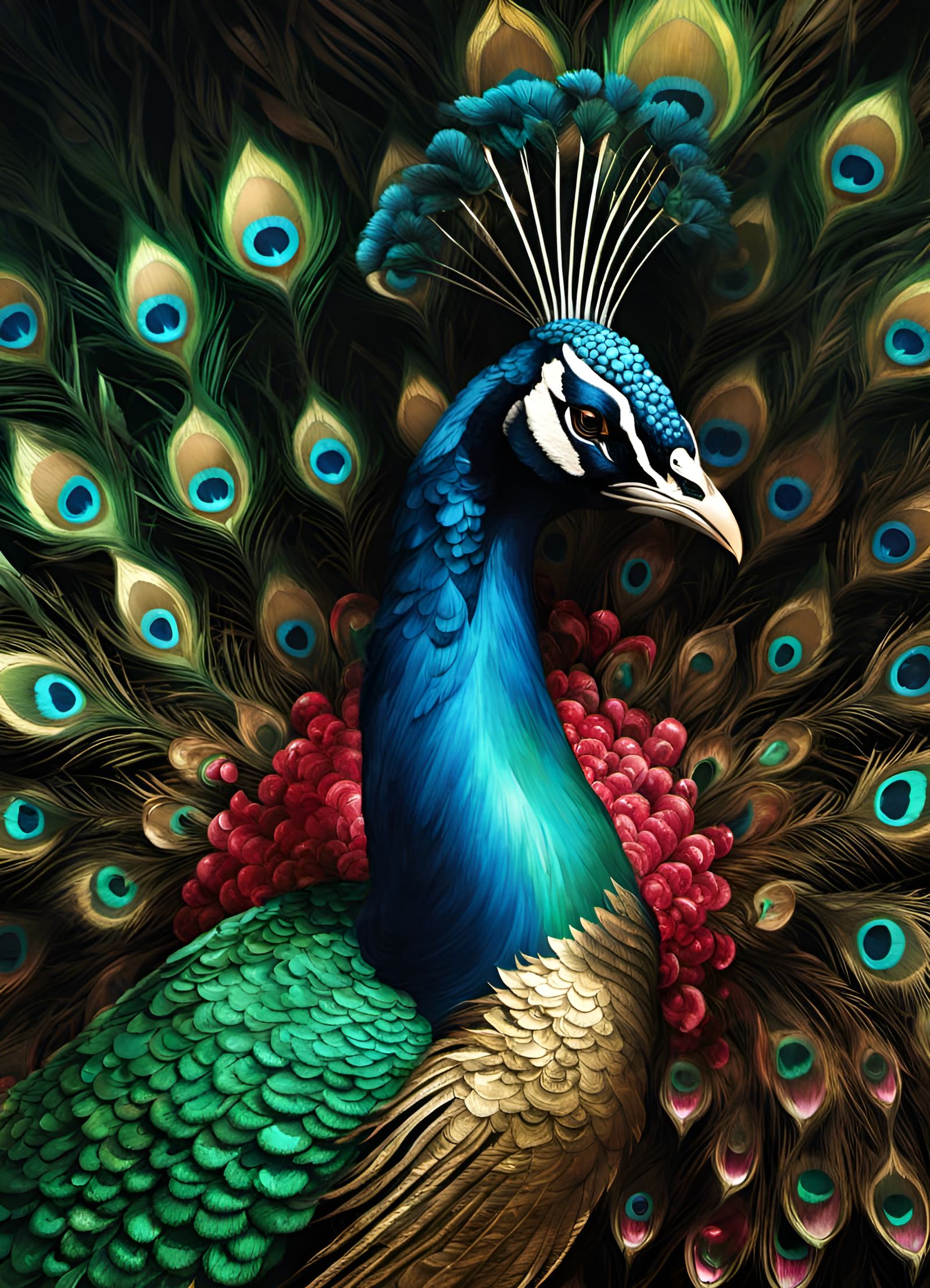 Steampunk Peacock with Emerald and Ruby Inlays