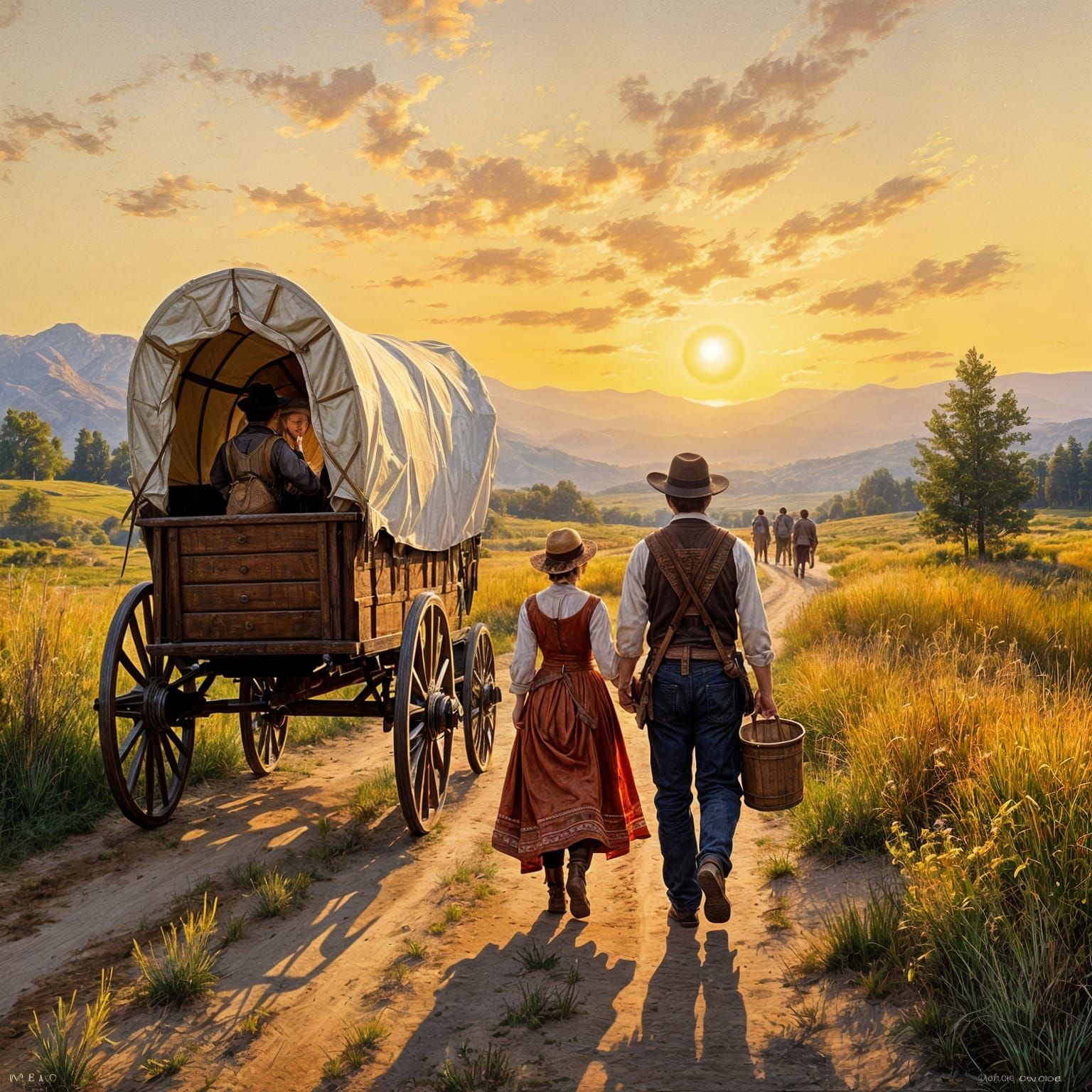 Family on the Oregon Trail, Impasto Oil Painting