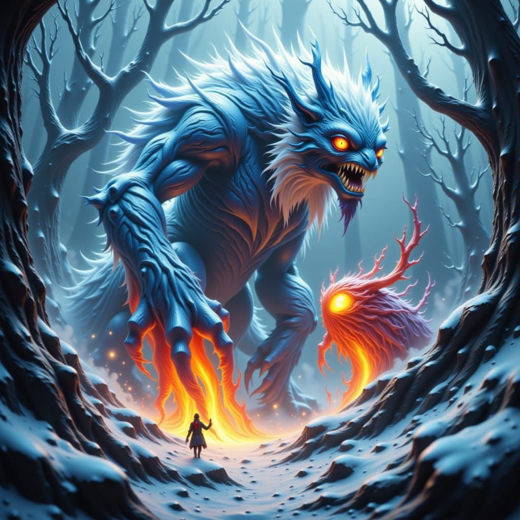 Frost vs. Fire: Epic Creature Collision in Digital Art