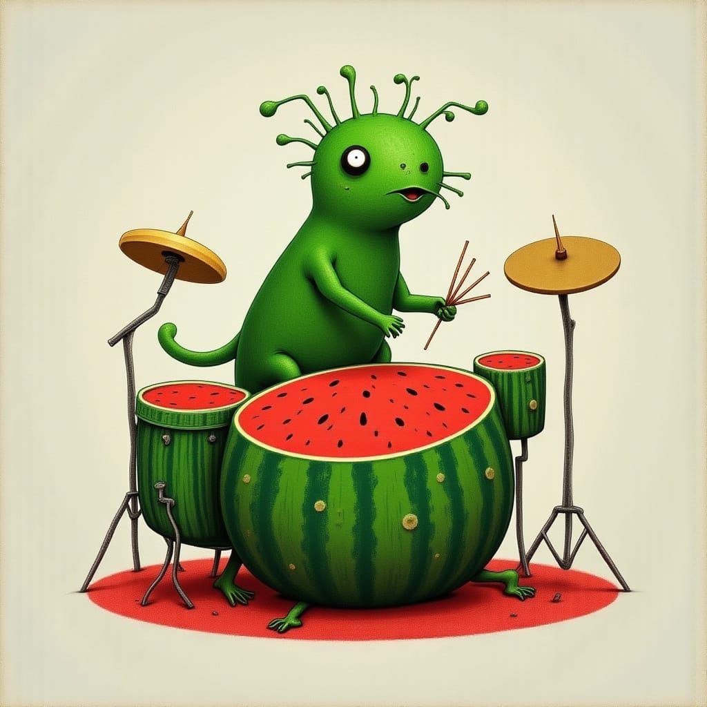 Whimsical Creature Plays Watermelon Drum Set