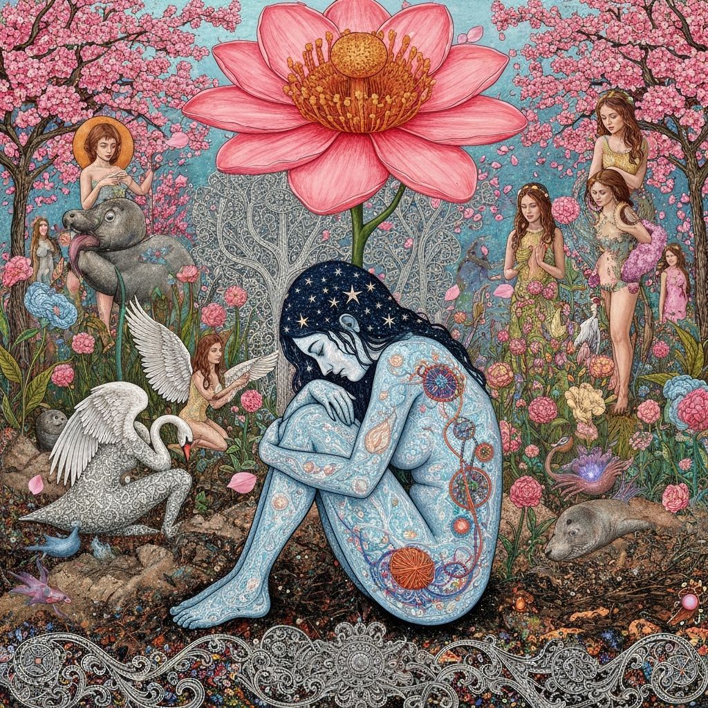 Surreal Woman Intertwined with Stars and Water