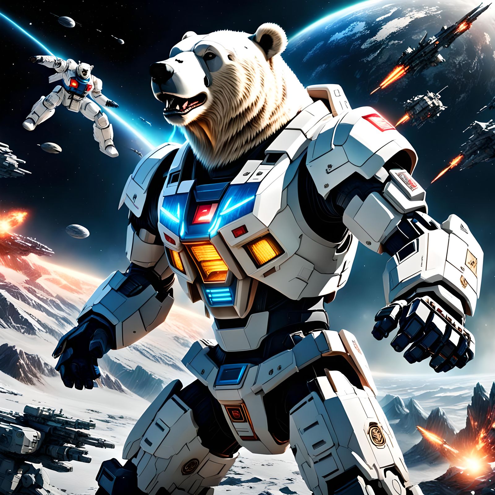 Polar Bear Gundam Suit Battle in Space