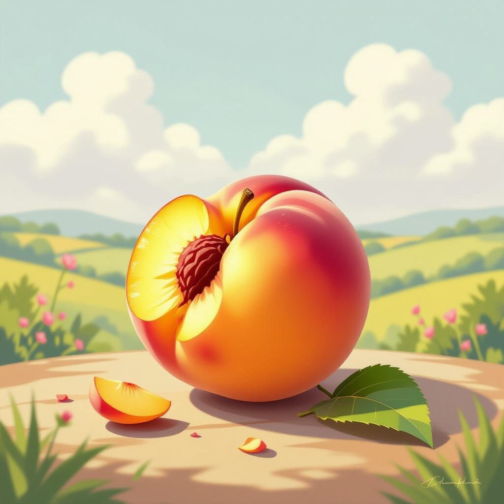 Ripe Peach Still Life in Impressionistic Watercolor Style