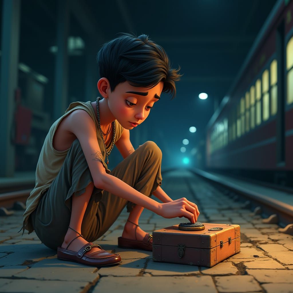 Indian Boy Polishing Shoes in 3D Cartoon Style