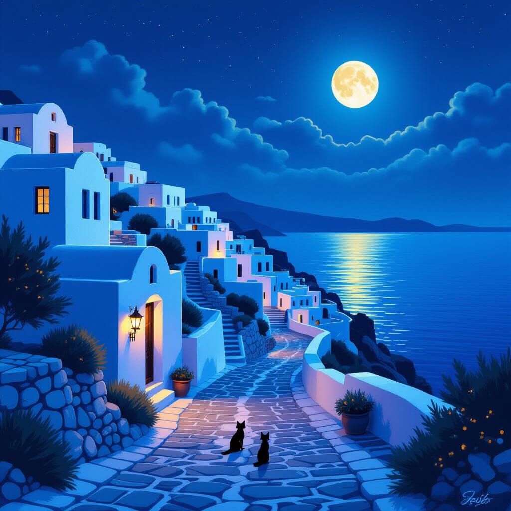 Moonlit Greek Village with Glowing Eyes