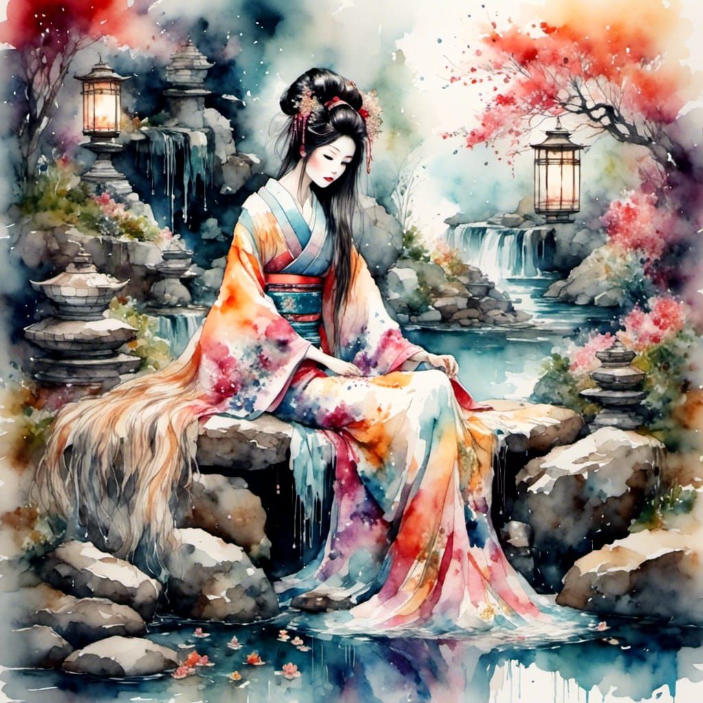 Enchanting Geisha in Magical Forest: Antique Watercolor Styl...