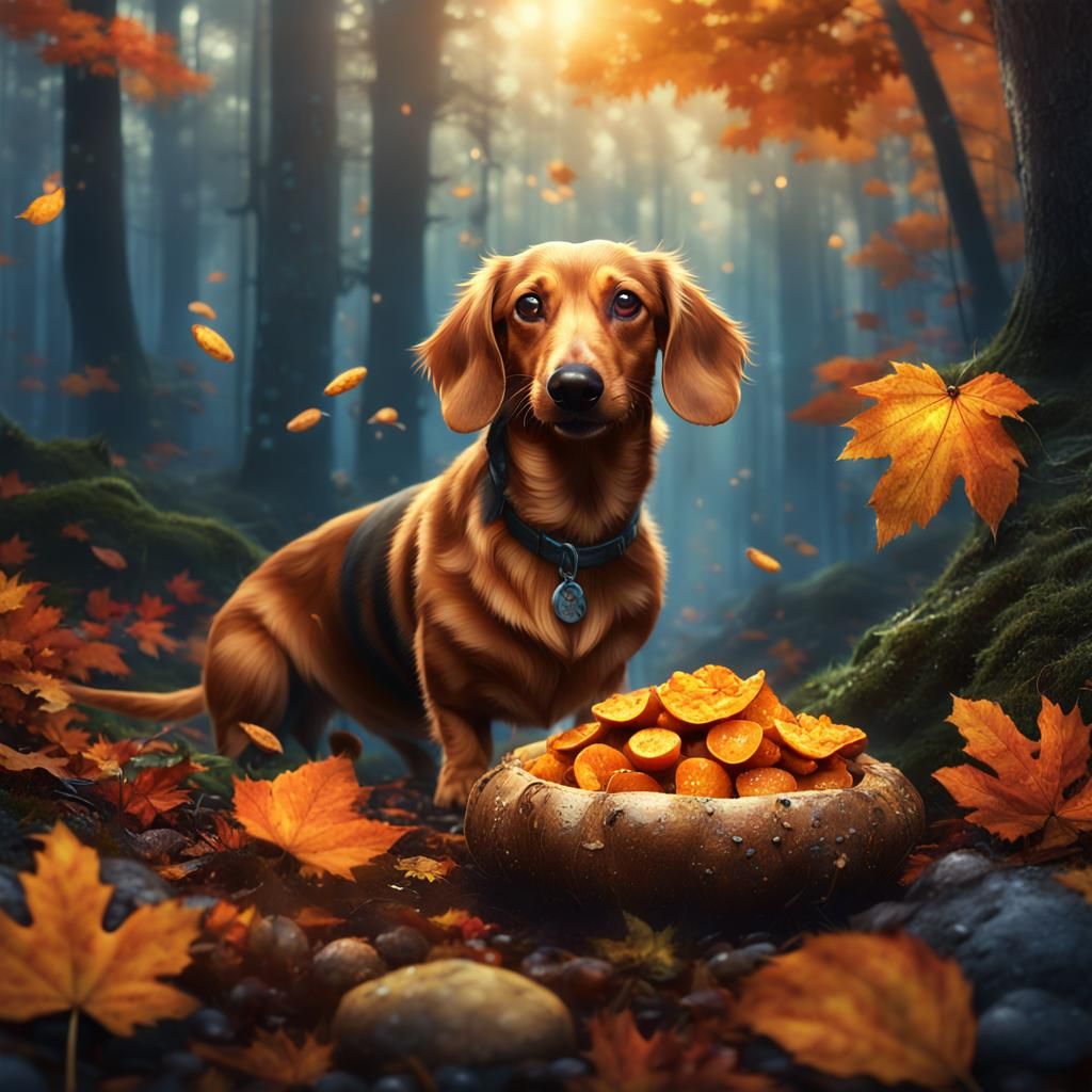 Golden Dachshund Enjoys Sweet Potato in Fantasy Forest