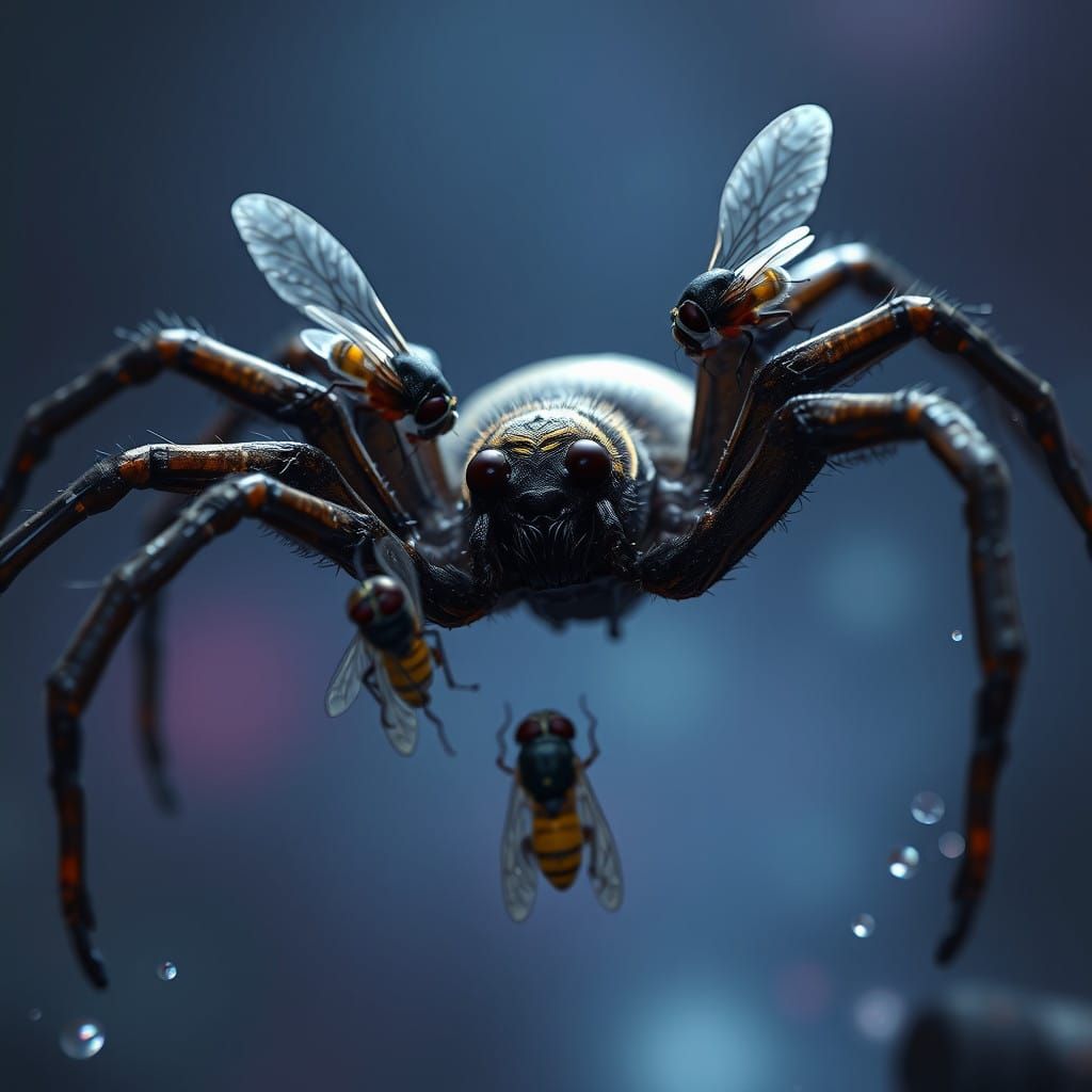 Six Flies Unite to Bind a Spider in Vibrant Fantasy Scene