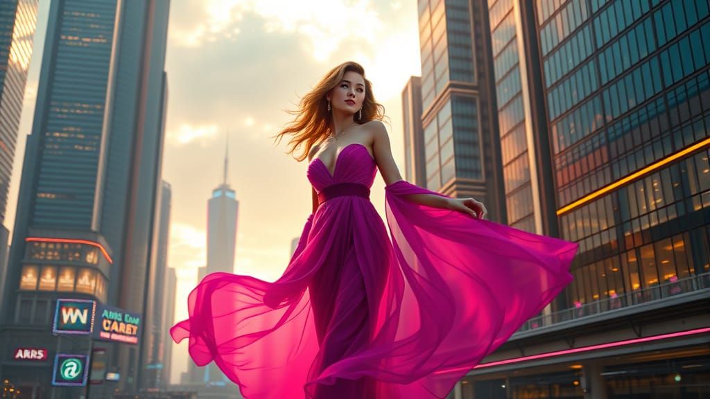 Dreamlike Futuristic Cityscape with Elegant Woman