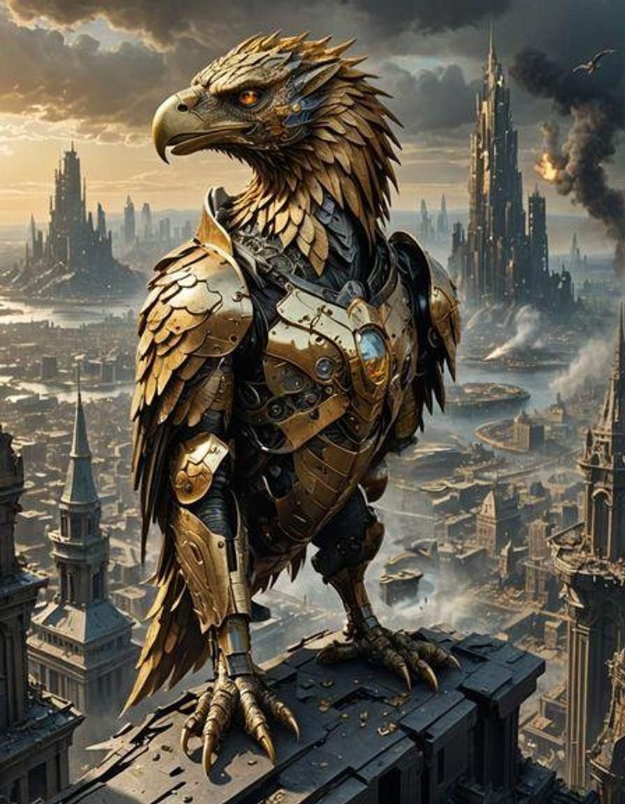 Cyborg Griffin Overlooking Futuristic City Ruins